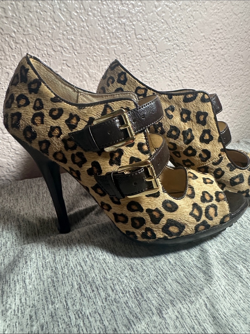 MICHAEL Michael Kors Leopard Print Peep-Toe Heels with Brown Straps